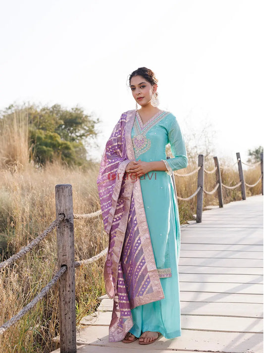 Opal Blue Tissue Shimmer Suit Set - Ragavi