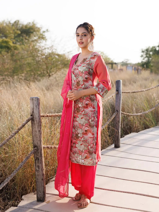 Cosmos Pink Floral Chiffon Suit Set - Ragavi