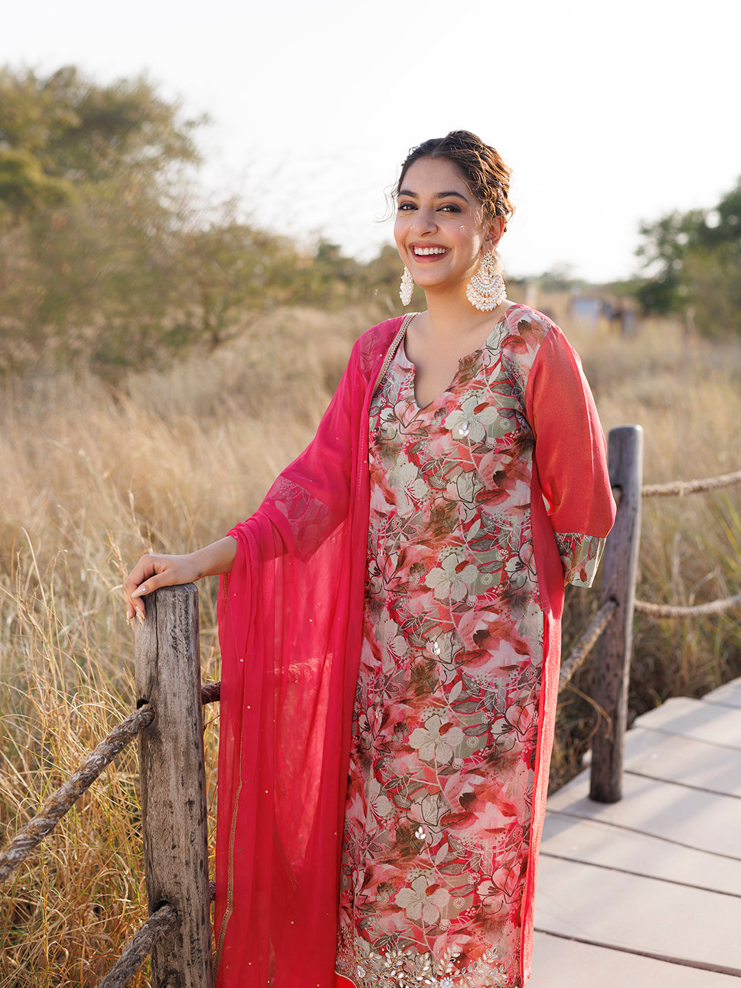 Cosmos Pink Floral Chiffon Suit Set