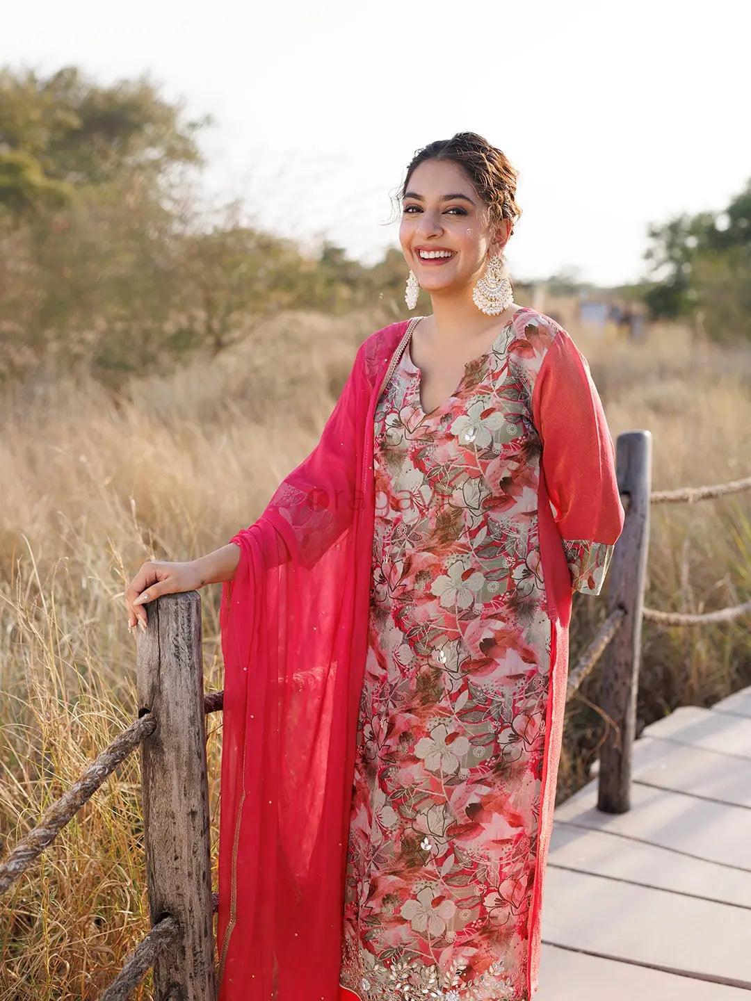 Cosmos Pink Floral Chiffon Suit Set - Ragavi