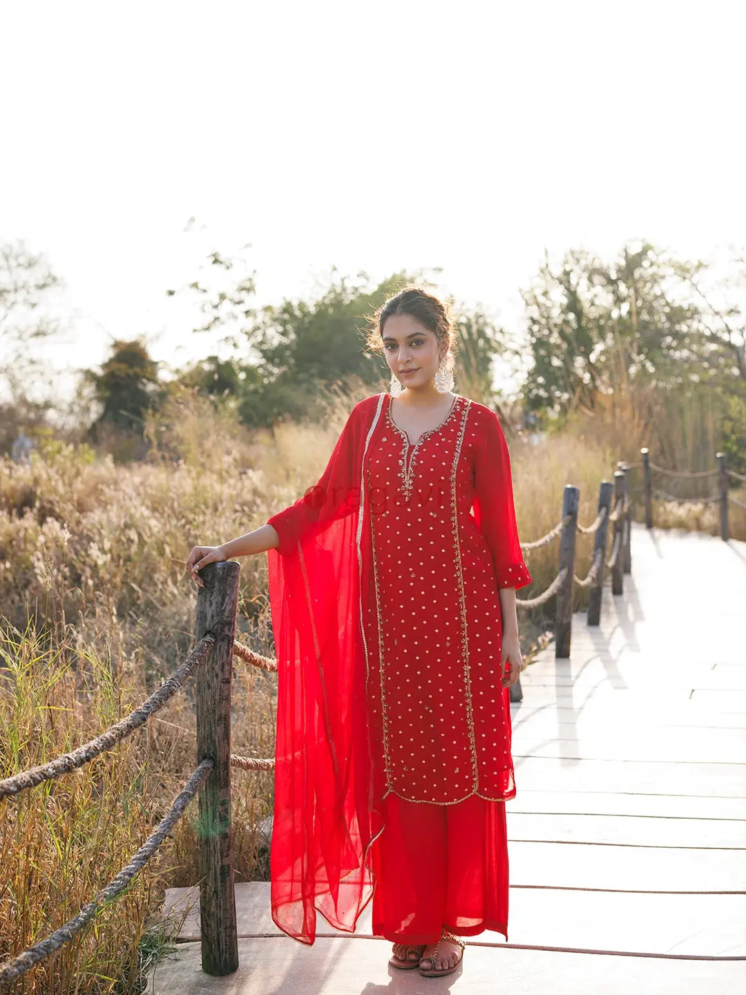 Spicy Red Jacquard Suit Set - Ragavi