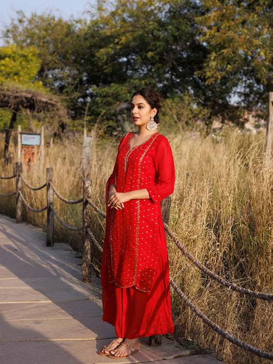 Spicy Red Jacquard Suit Set - Ragavi