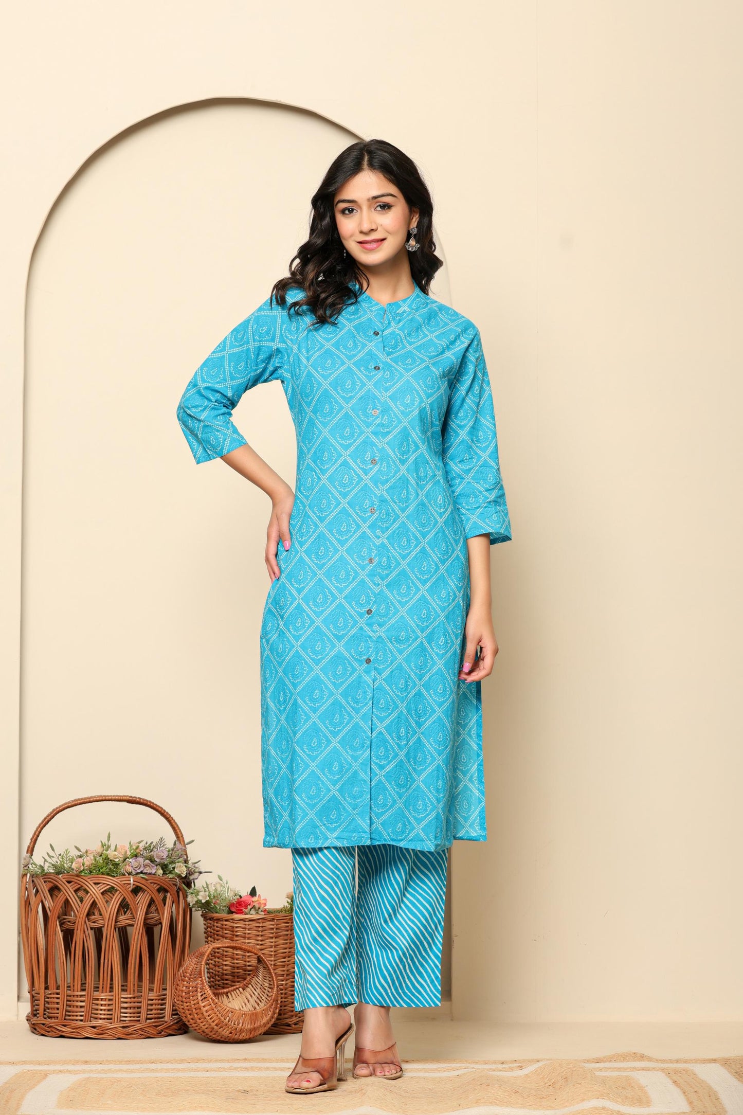 Blue Printed Cotton Kurta Set