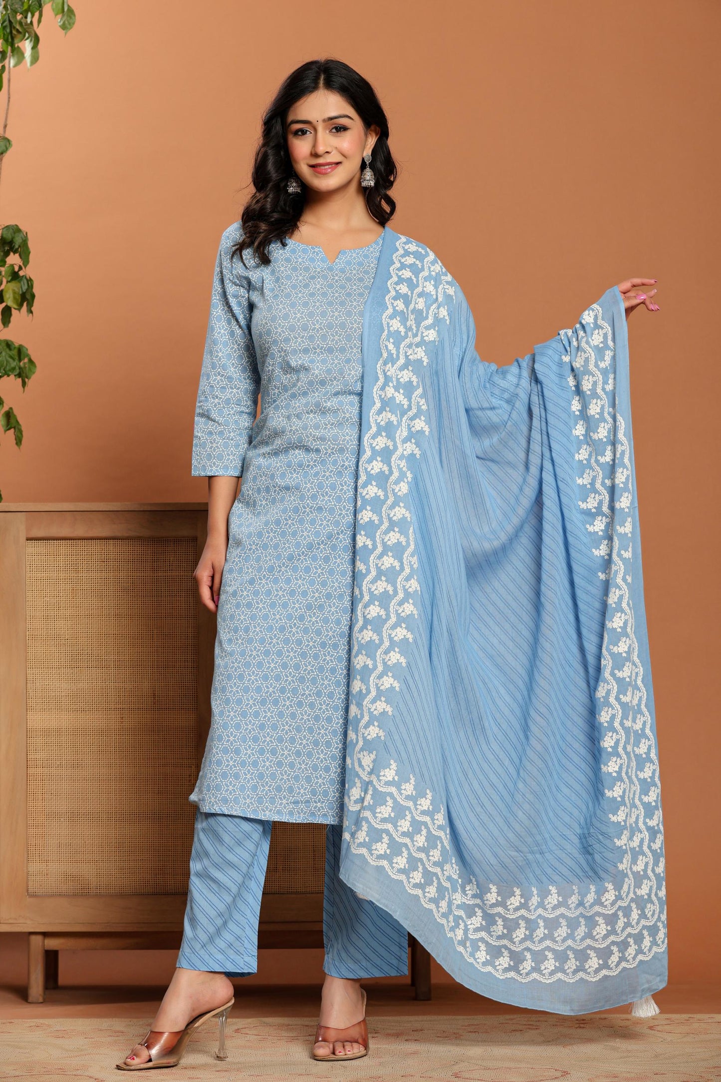 Sky Blue Printed Cotton Kurta Set