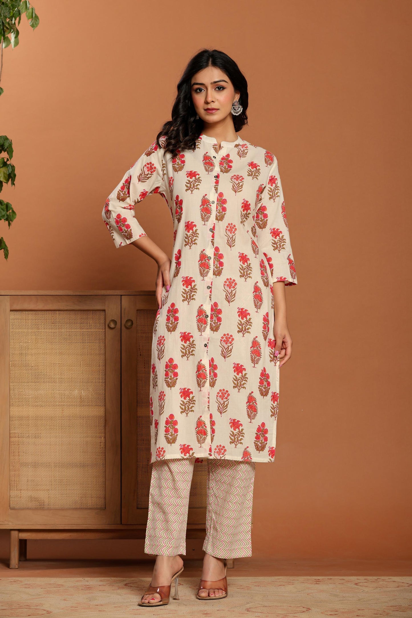 White Printed Cotton Kurta Set