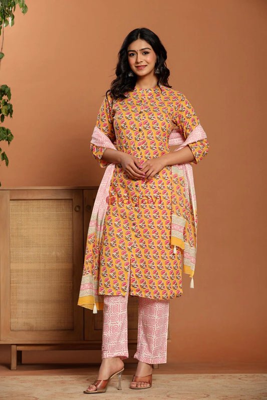 Yellow Printed Cotton Kurta Set - Ragavi