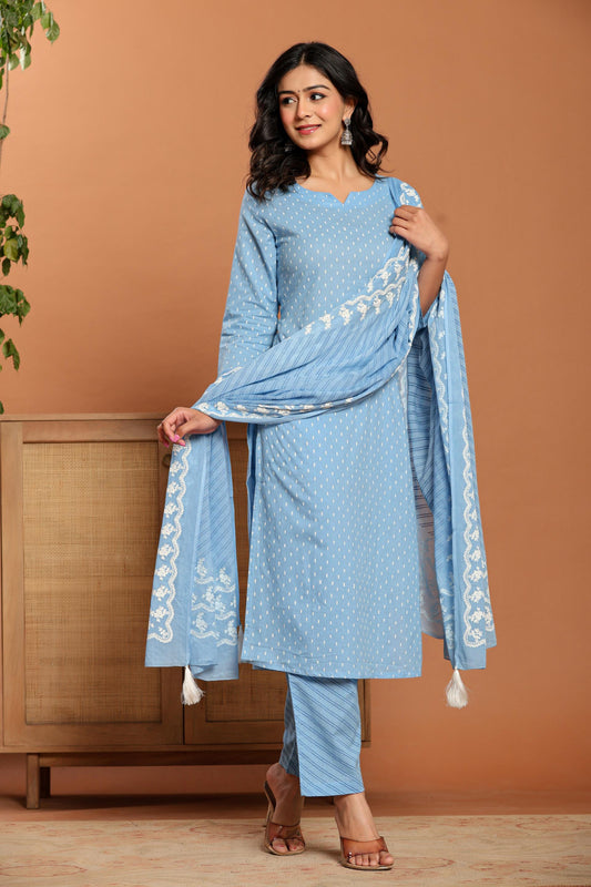 Sky Blue Printed Cotton Kurta Set