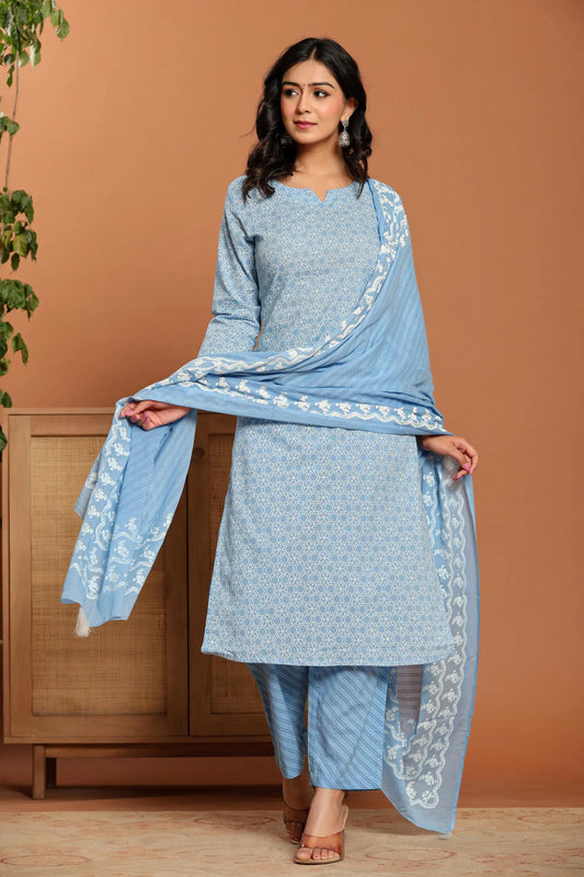 Sky Blue Printed Cotton Kurta Set - Ragavi