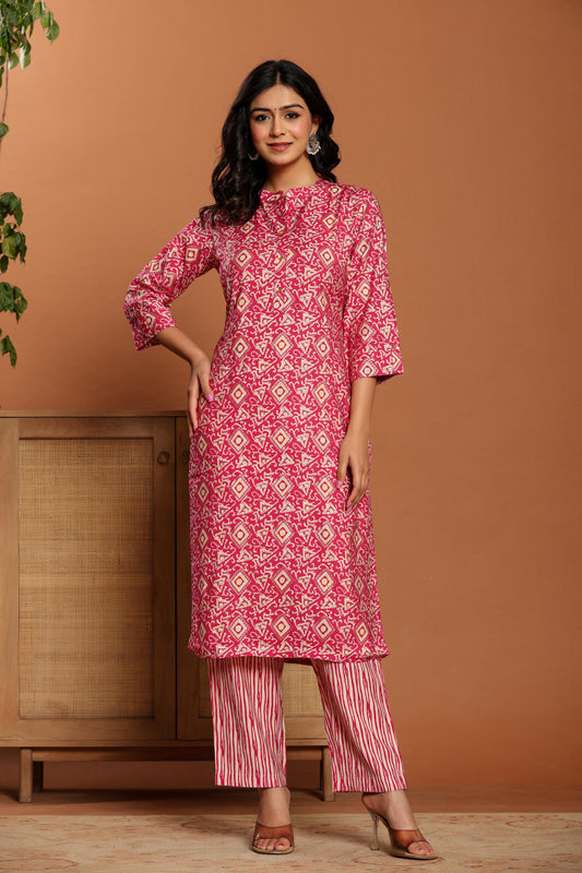 Pink Printed Rayon Kurta Set