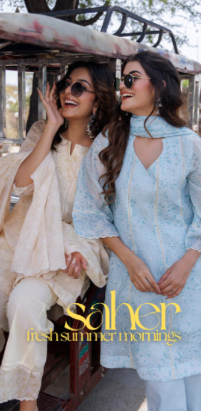 Two women in traditional attire with 'saher' branding and 'fresh summer mornings' text.