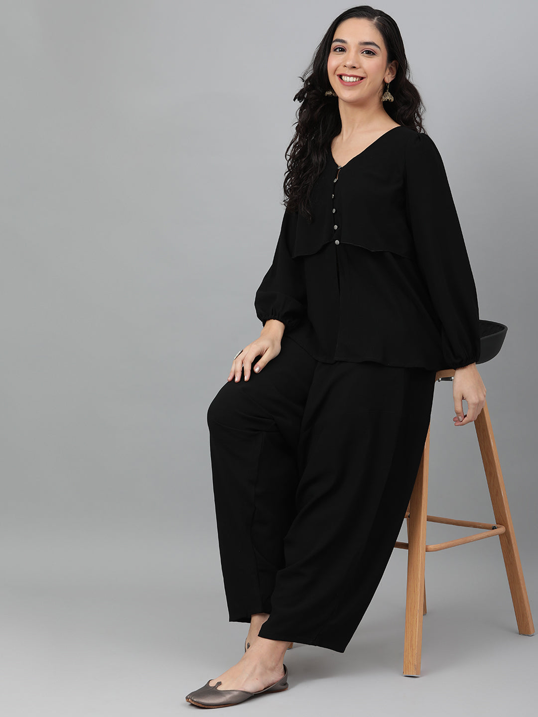 Black Poly-Twill Layered Top With Harem Pant