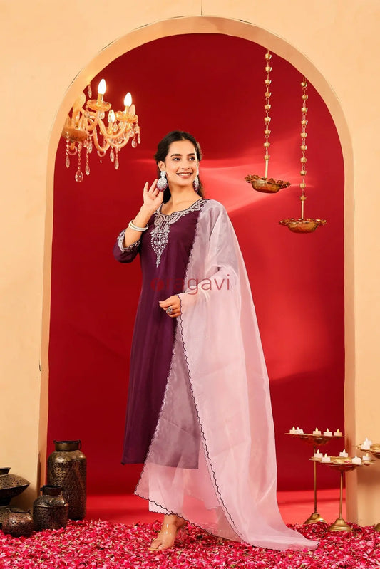 Ragavi Plum Purple Opada Kurta Set - Ragavi