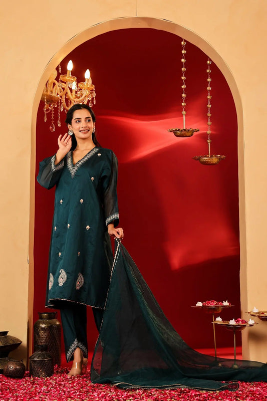 Ragavi Dark Teal Chanderi Kurta Set - Ragavi