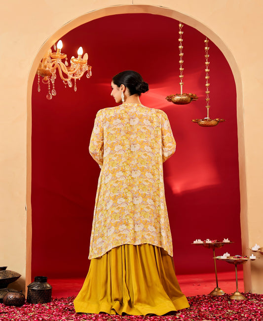 Ragavi Mustard Yellow Floral Chinon Lehenga Set with Printed Cape