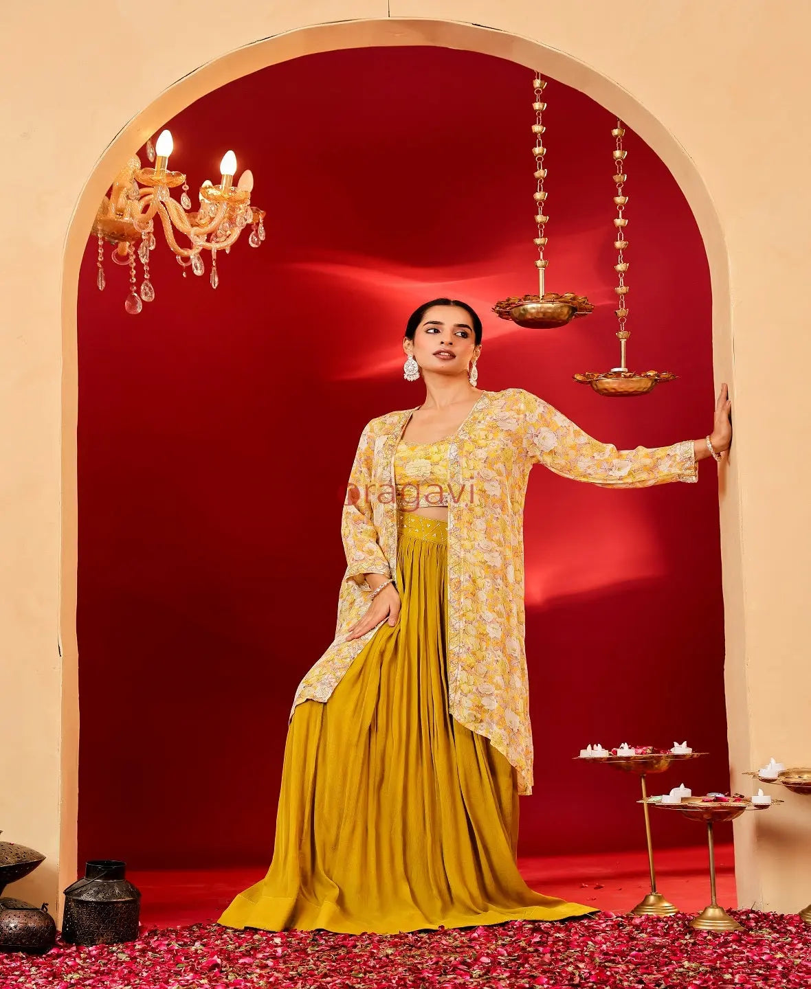 Ragavi Mustard Yellow Floral Chinon Lehenga Set with Printed Cape - Ragavi