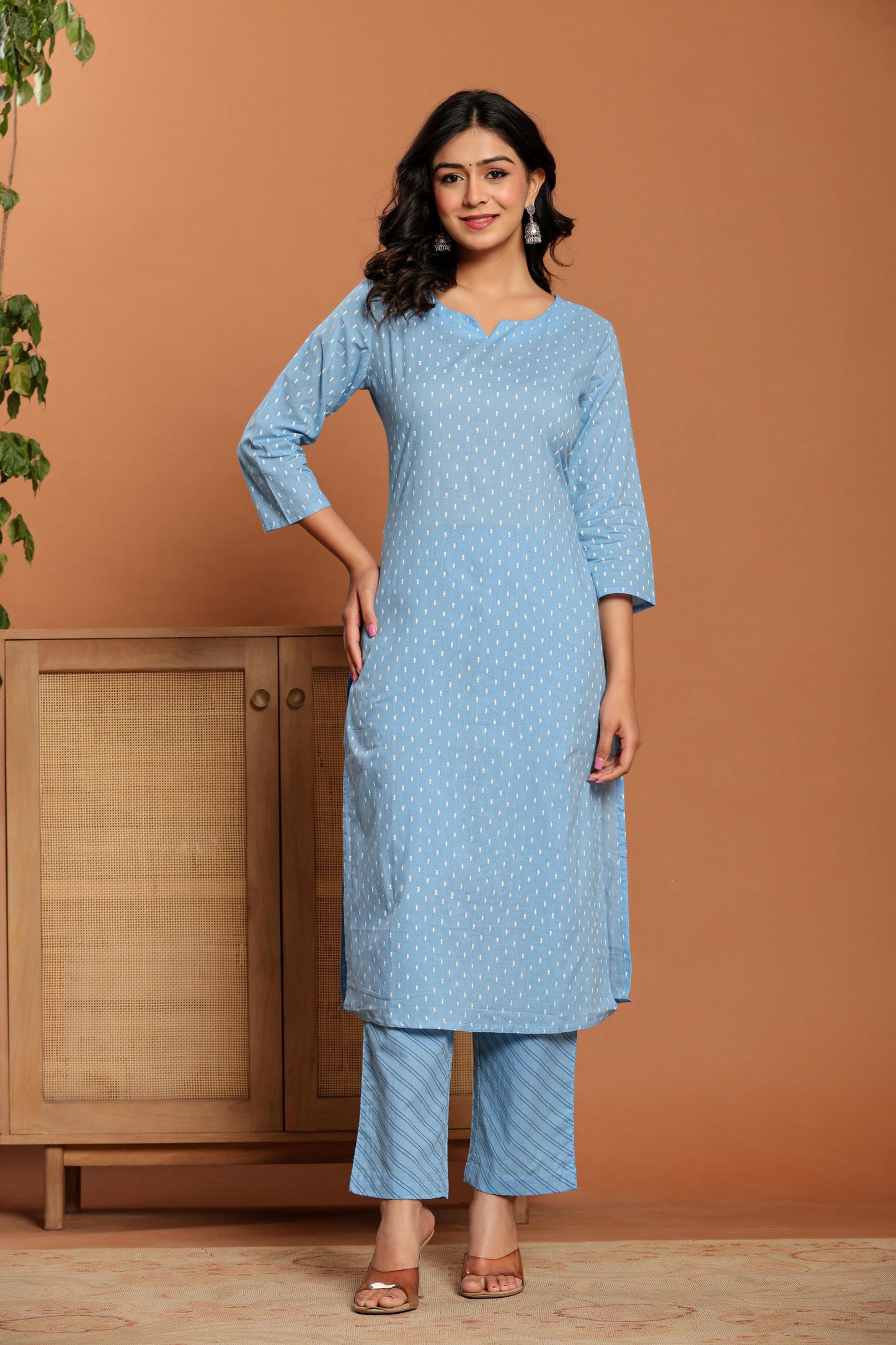 Sky Blue Printed Cotton Kurta Set