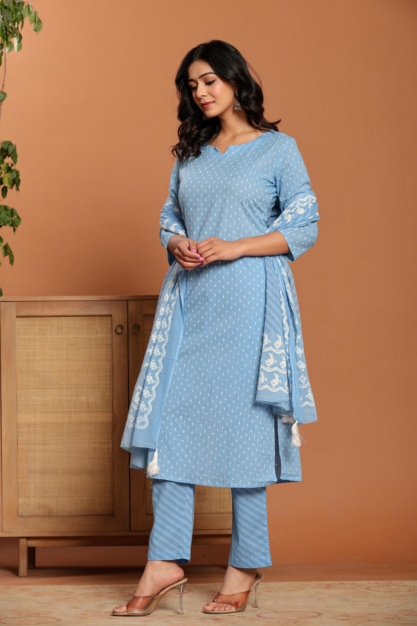 Sky Blue Printed Cotton Kurta Set