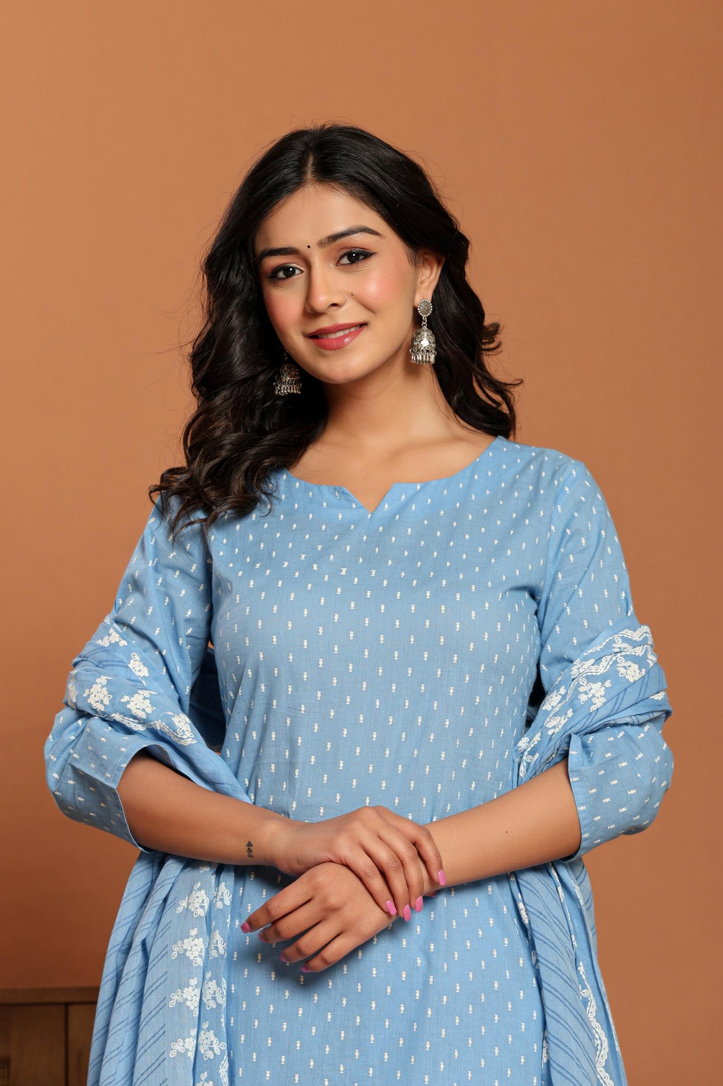 Sky Blue Printed Cotton Kurta Set