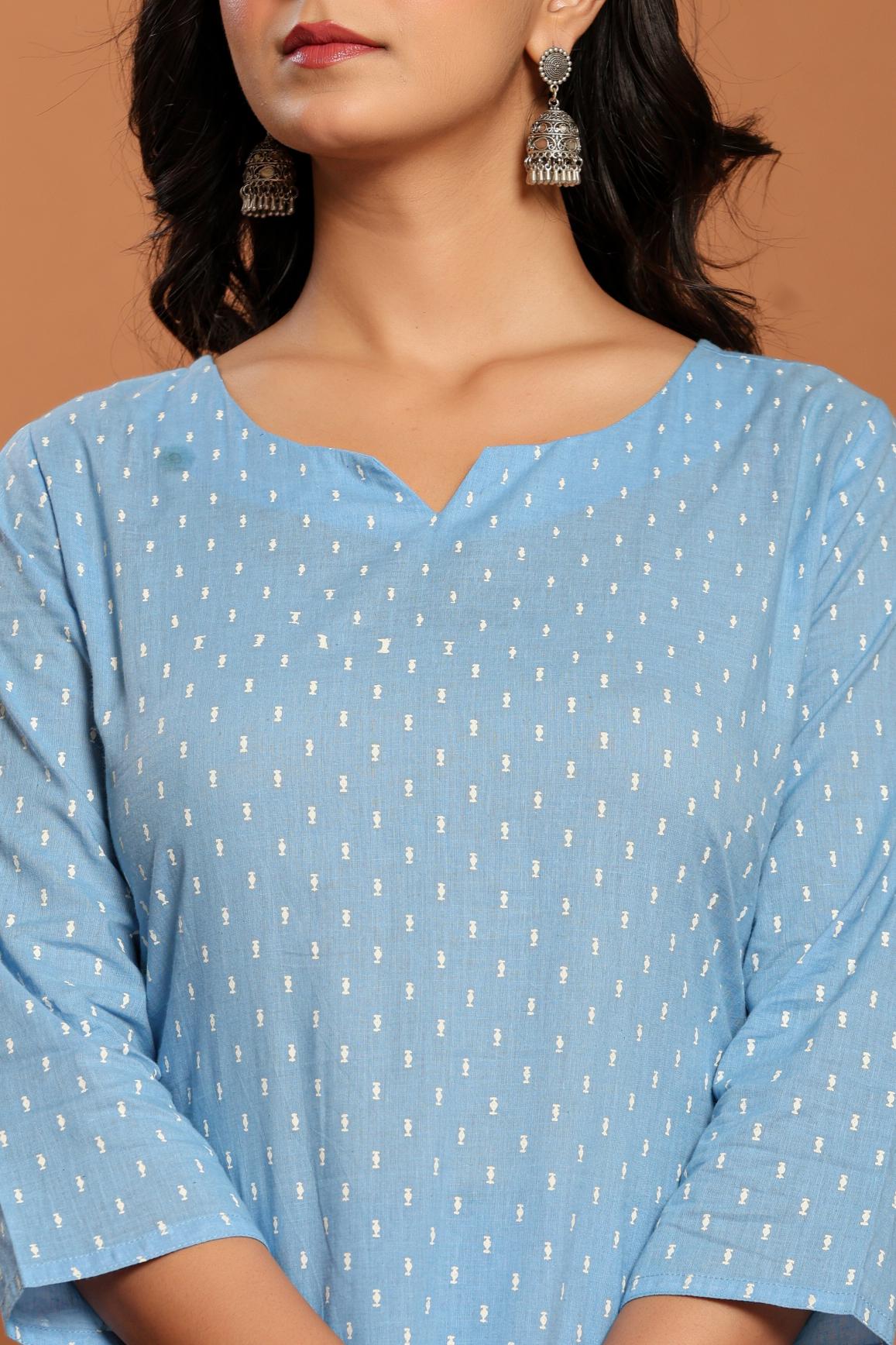 Sky Blue Printed Cotton Kurta Set
