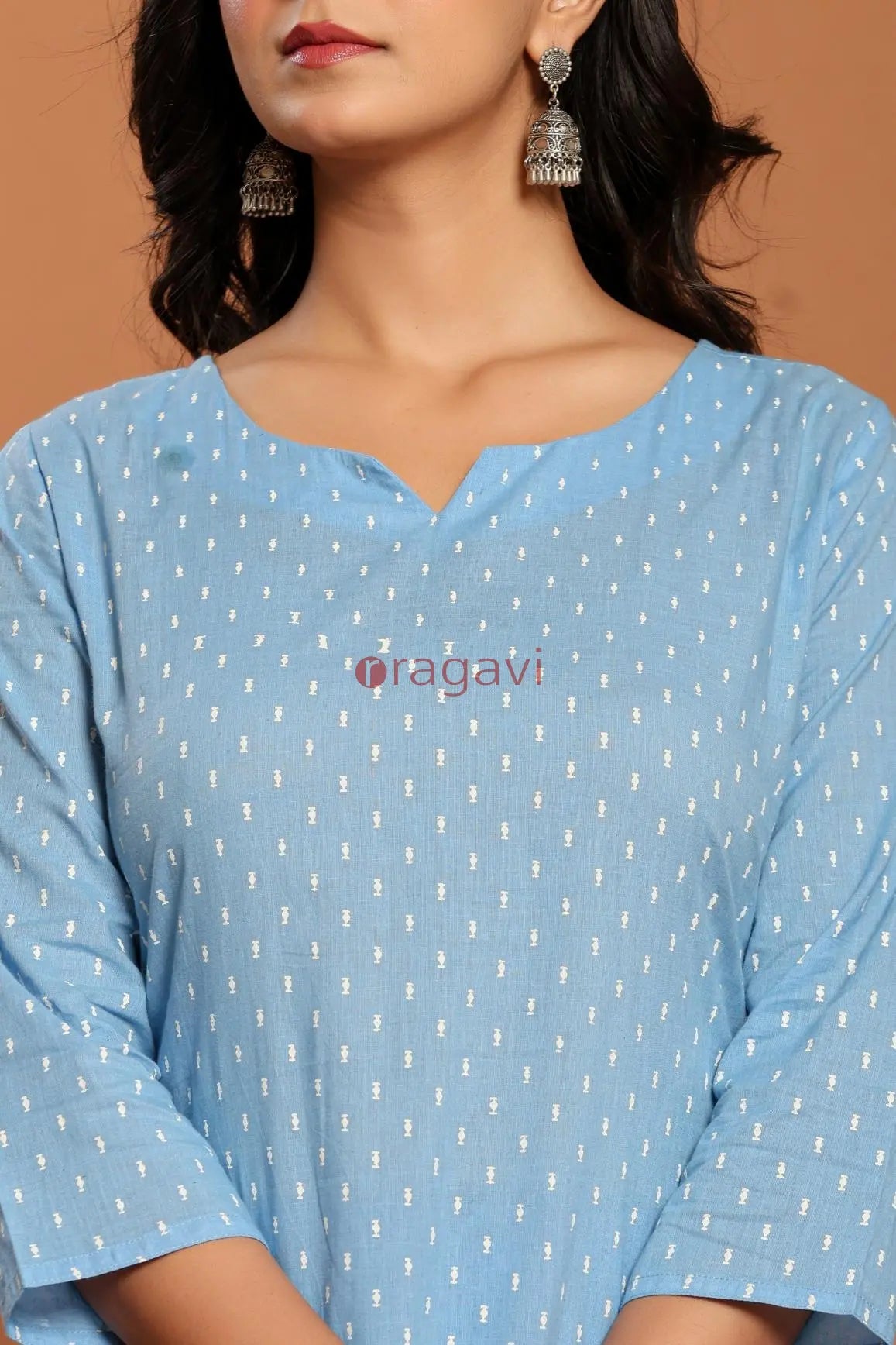Sky Blue Printed Cotton Kurta Set - Ragavi