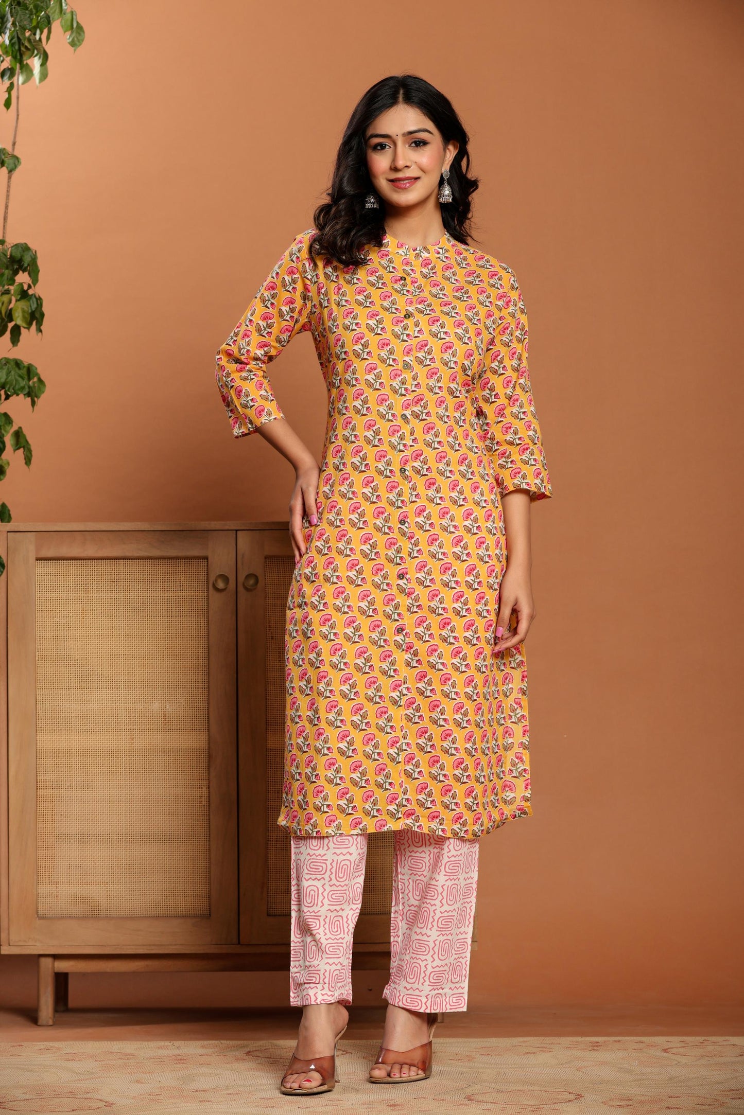 Yellow Printed Cotton Kurta Set