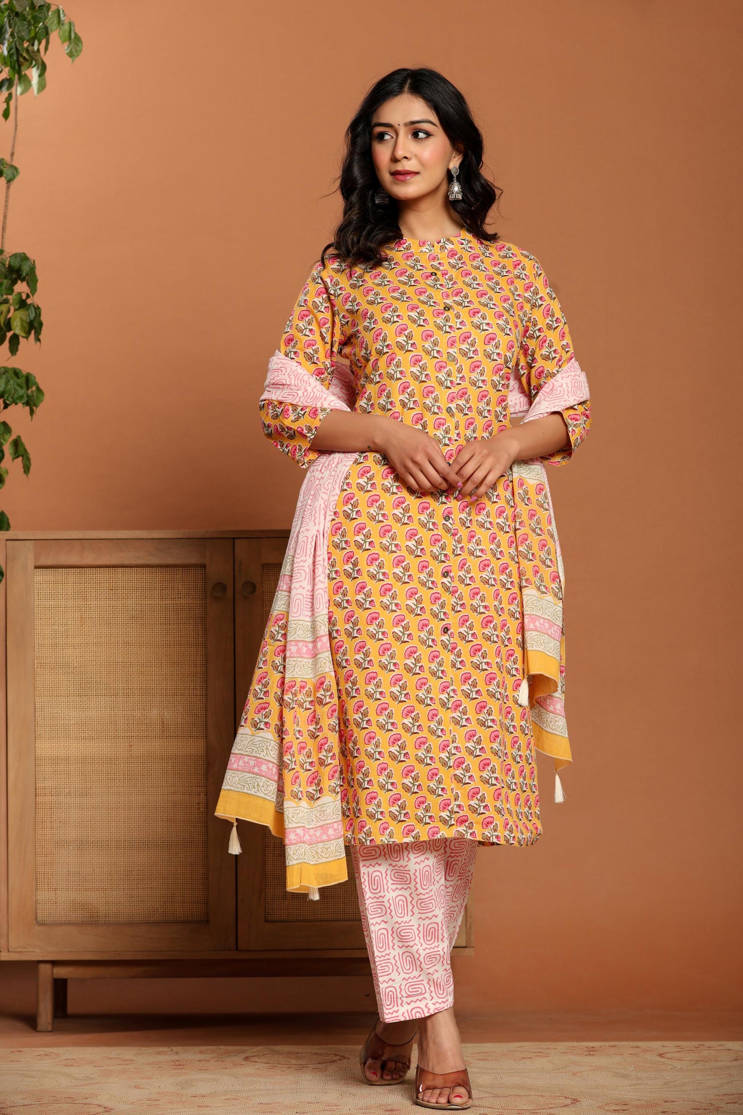 Yellow Printed Cotton Kurta Set