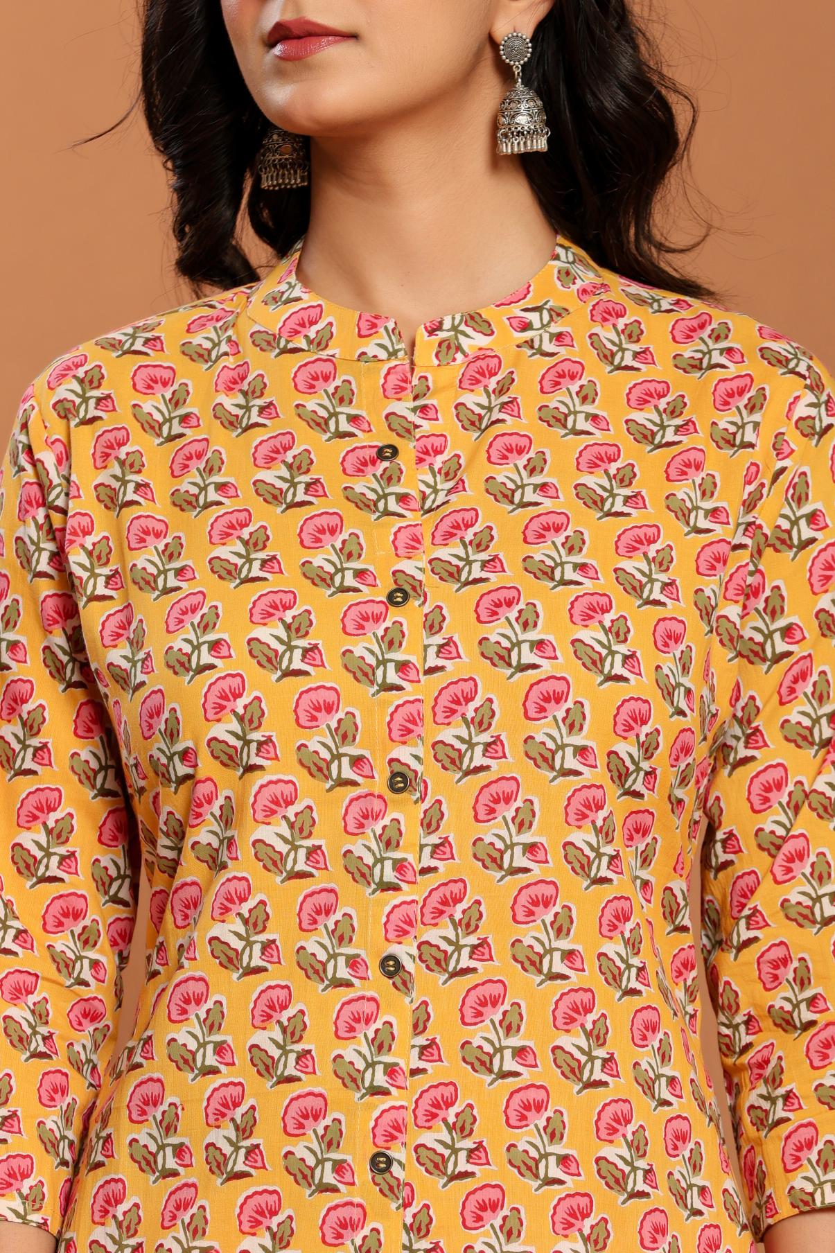 Yellow Printed Cotton Kurta Set