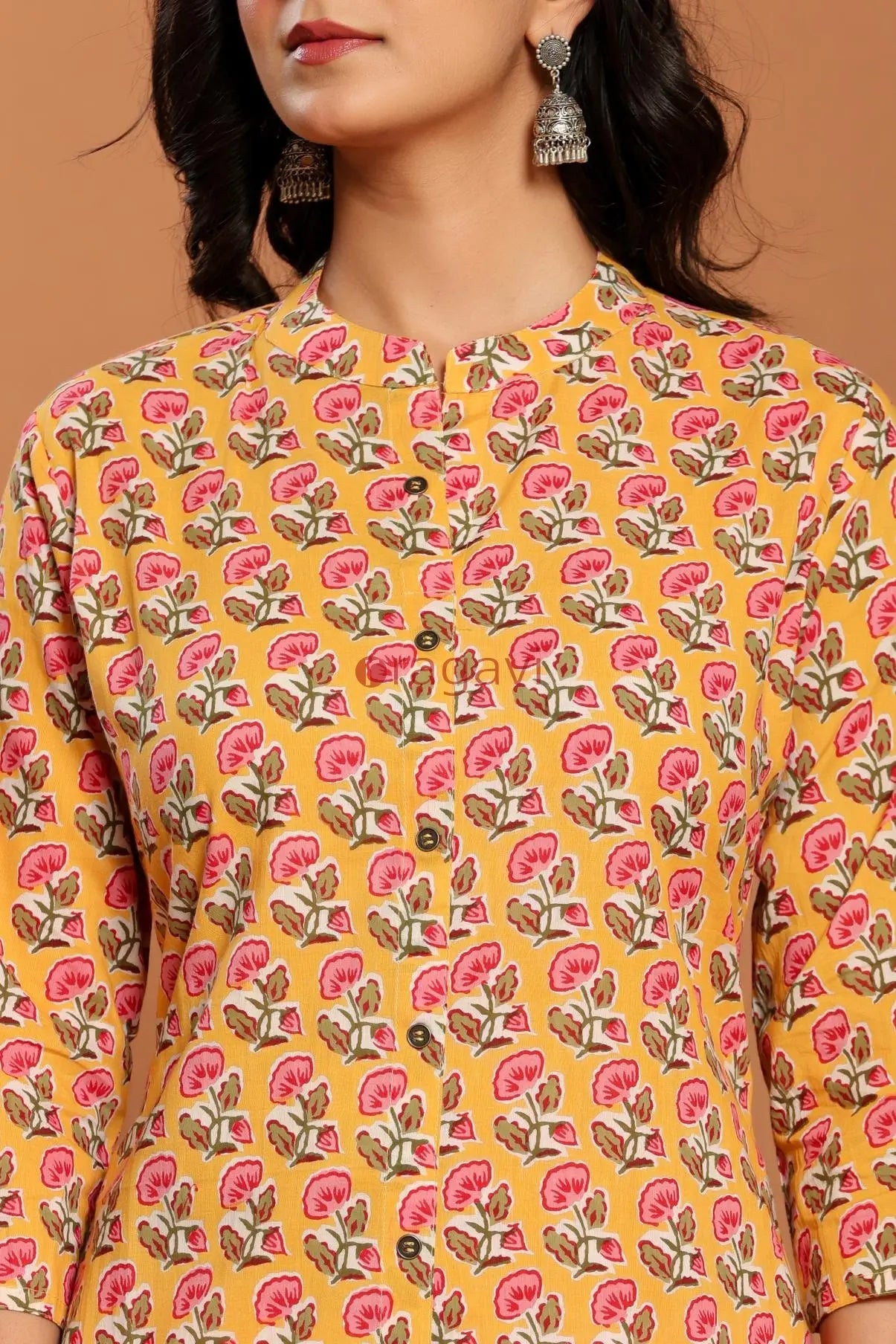 Yellow Printed Cotton Kurta Set - Ragavi