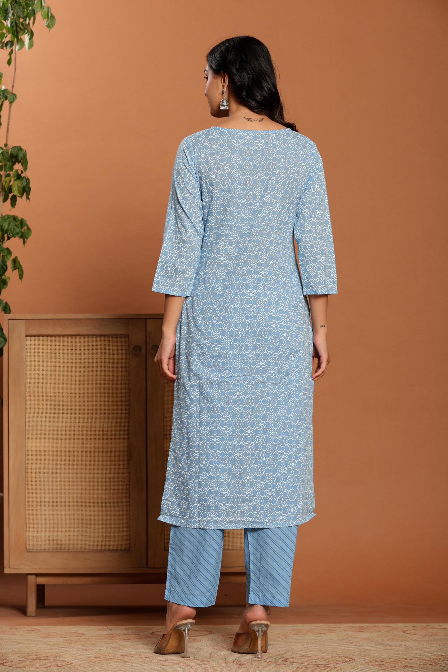 Sky Blue Printed Cotton Kurta Set