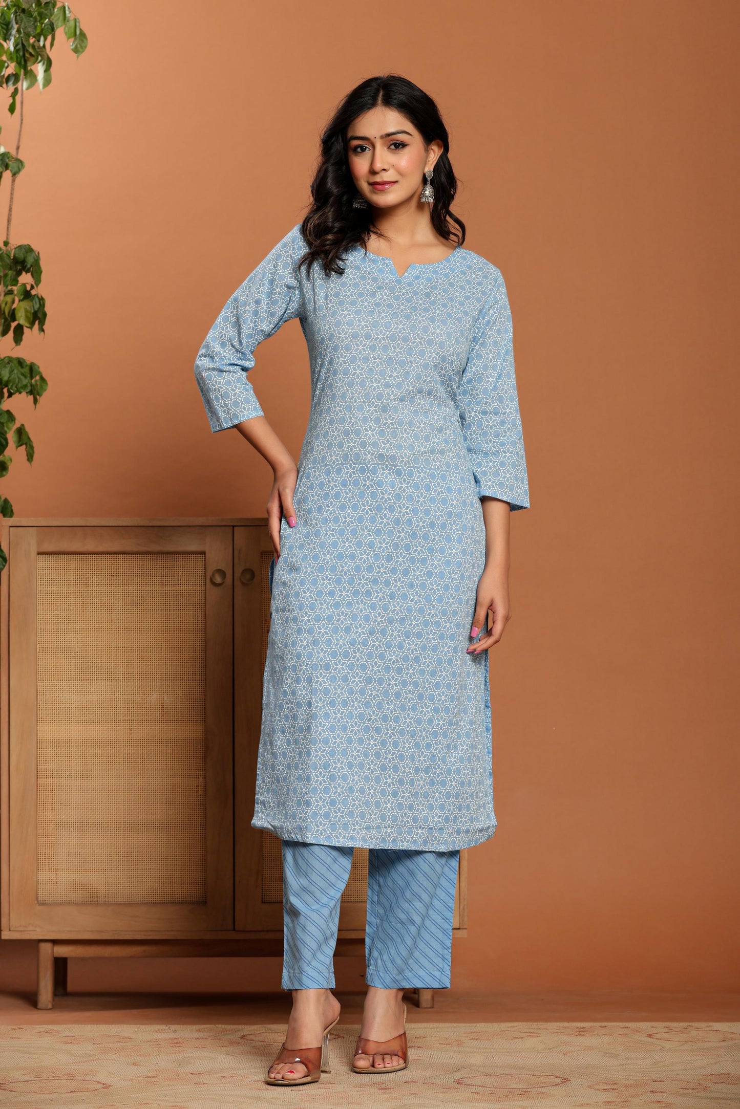 Sky Blue Printed Cotton Kurta Set