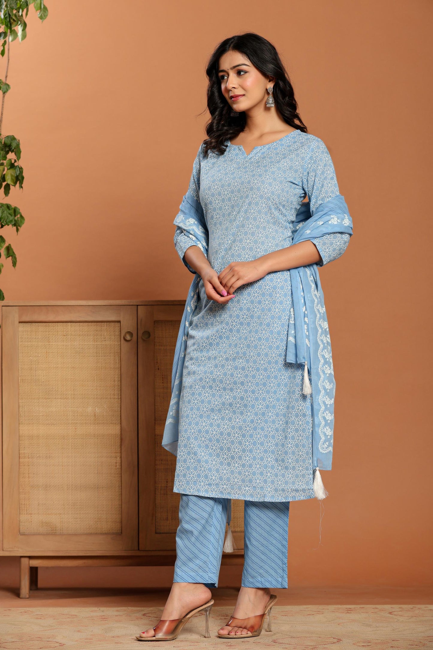 Sky Blue Printed Cotton Kurta Set