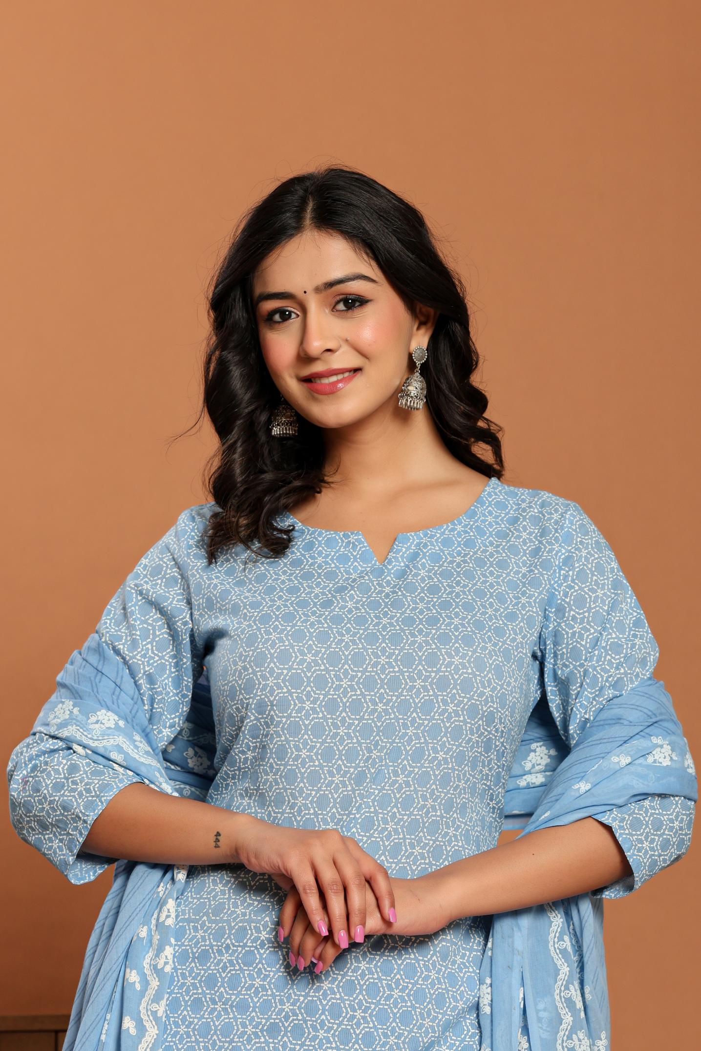 Sky Blue Printed Cotton Kurta Set