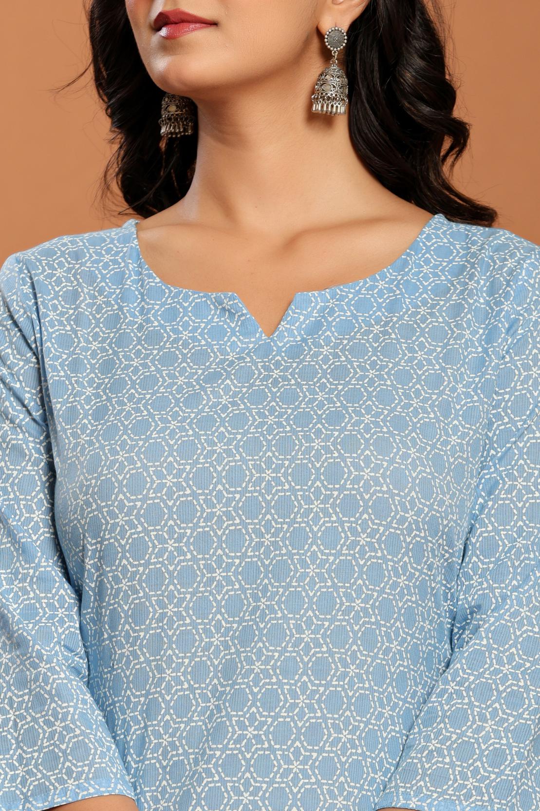 Sky Blue Printed Cotton Kurta Set