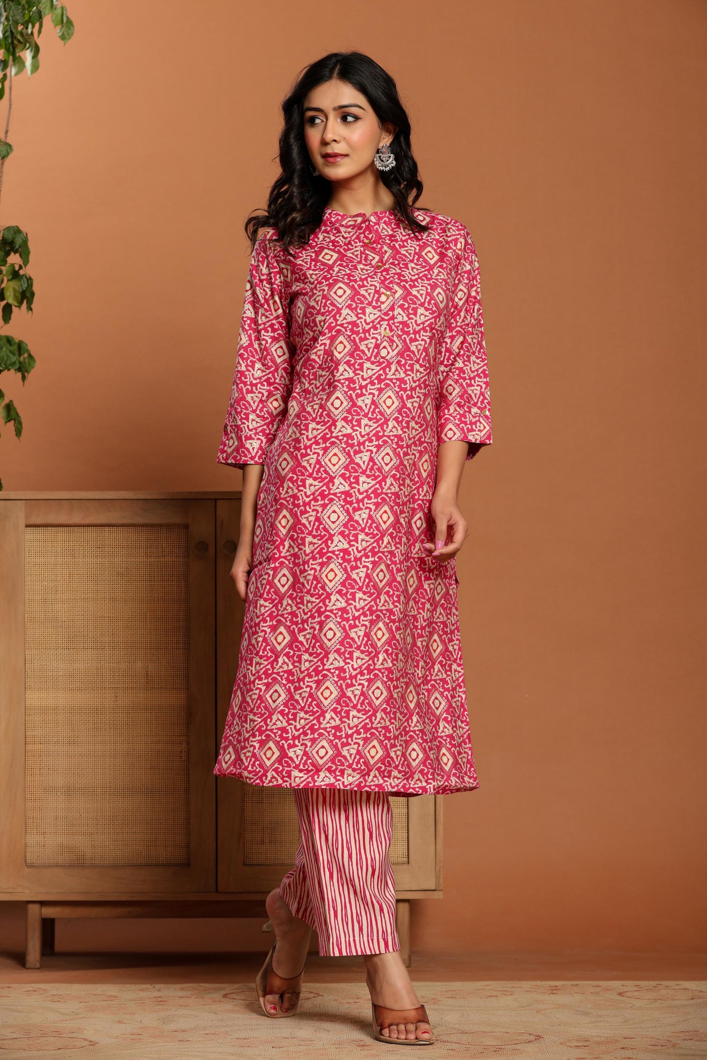 Pink Printed Rayon Kurta Set