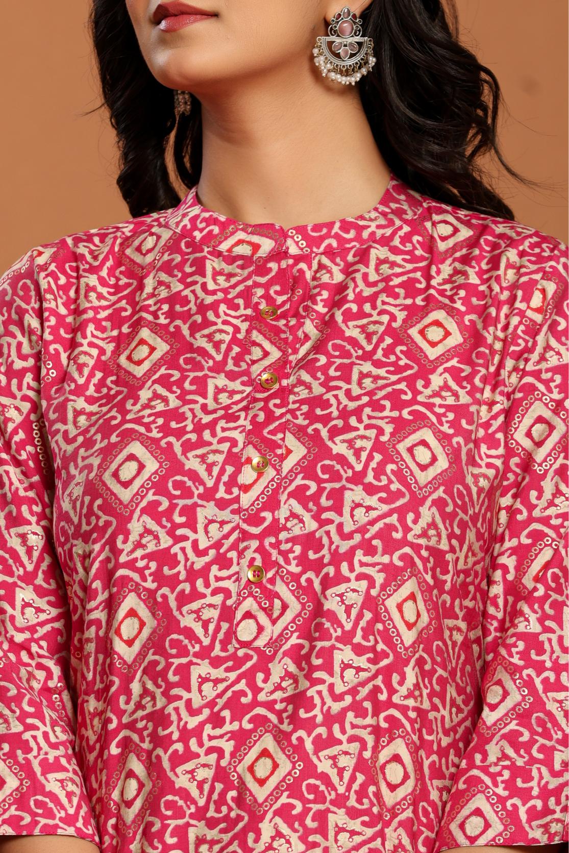 Pink Printed Rayon Kurta Set