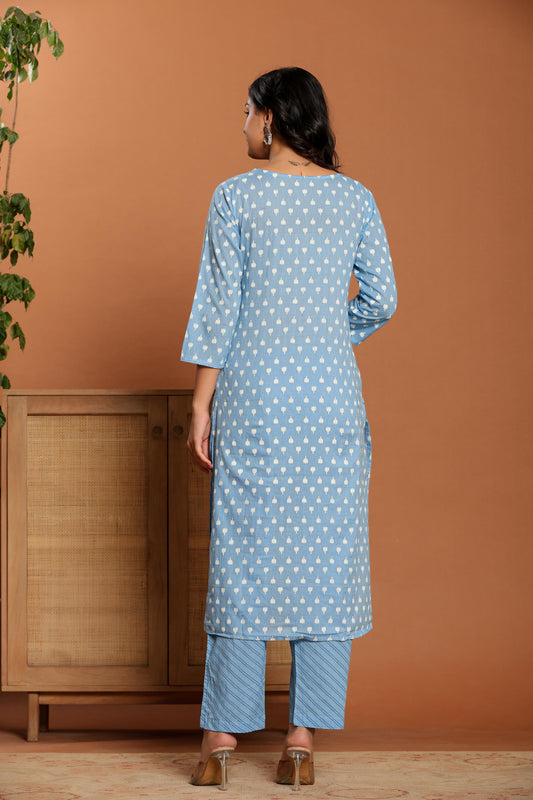 Sky Blue Printed Cotton Kurta Set