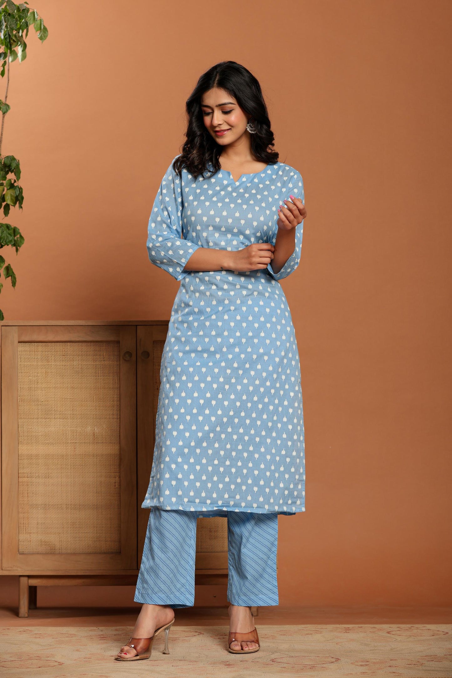 Sky Blue Printed Cotton Kurta Set