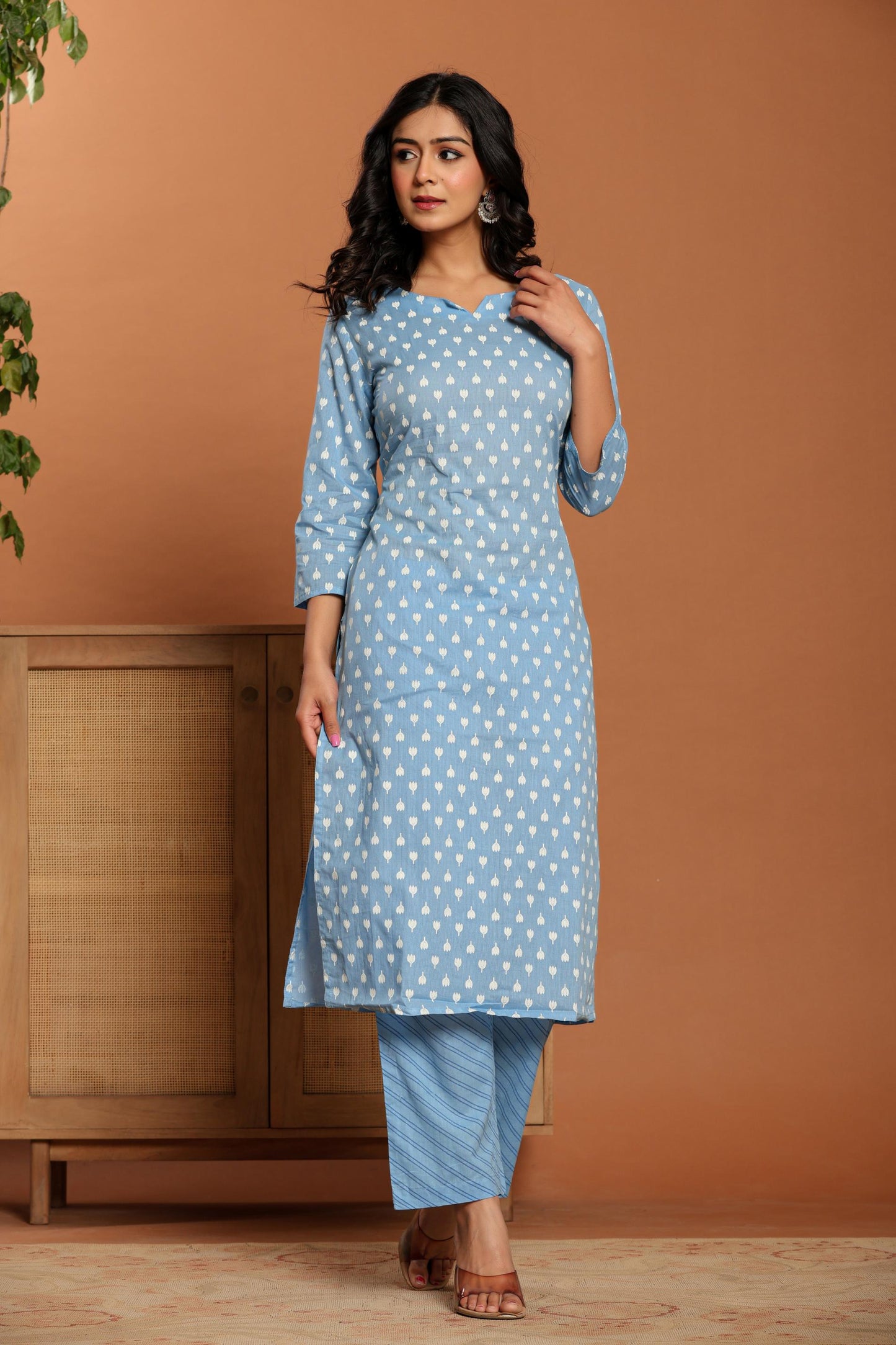 Sky Blue Printed Cotton Kurta Set