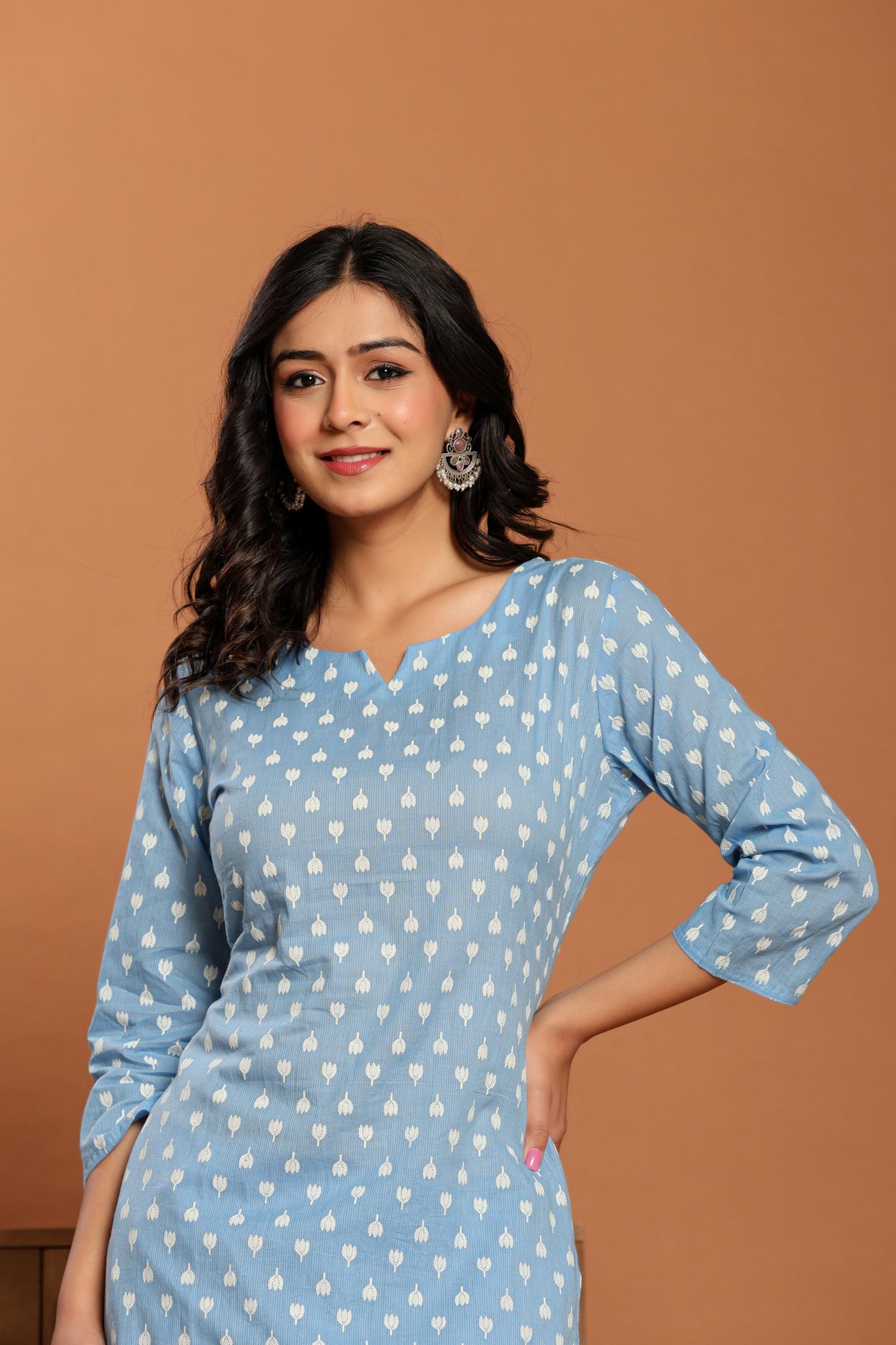 Sky Blue Printed Cotton Kurta Set