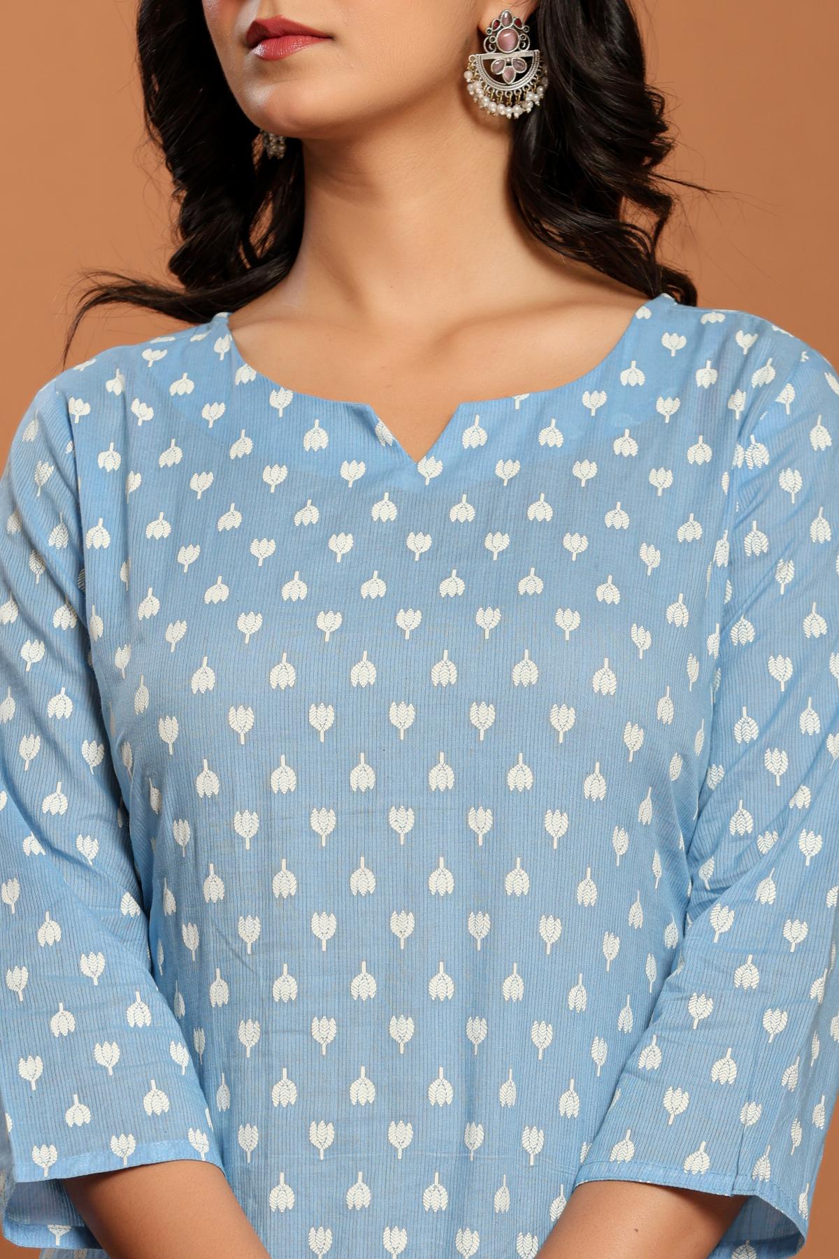 Sky Blue Printed Cotton Kurta Set