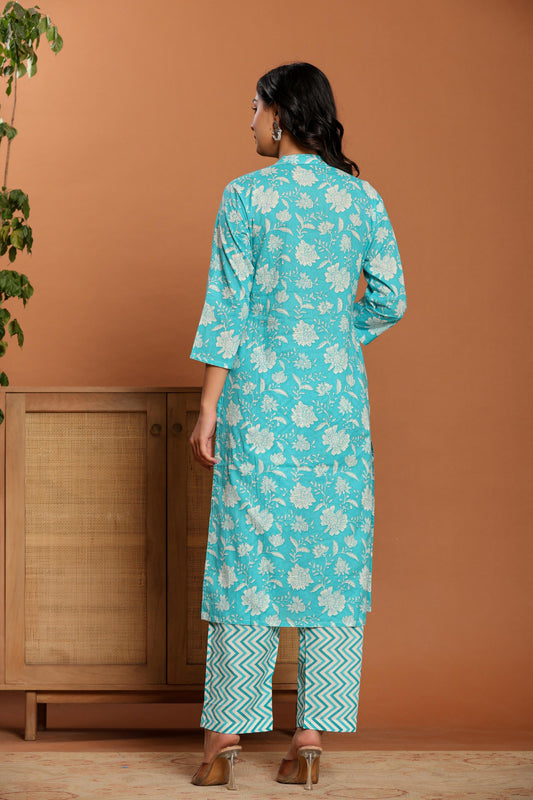 Blue Printed Cotton Kurta Set