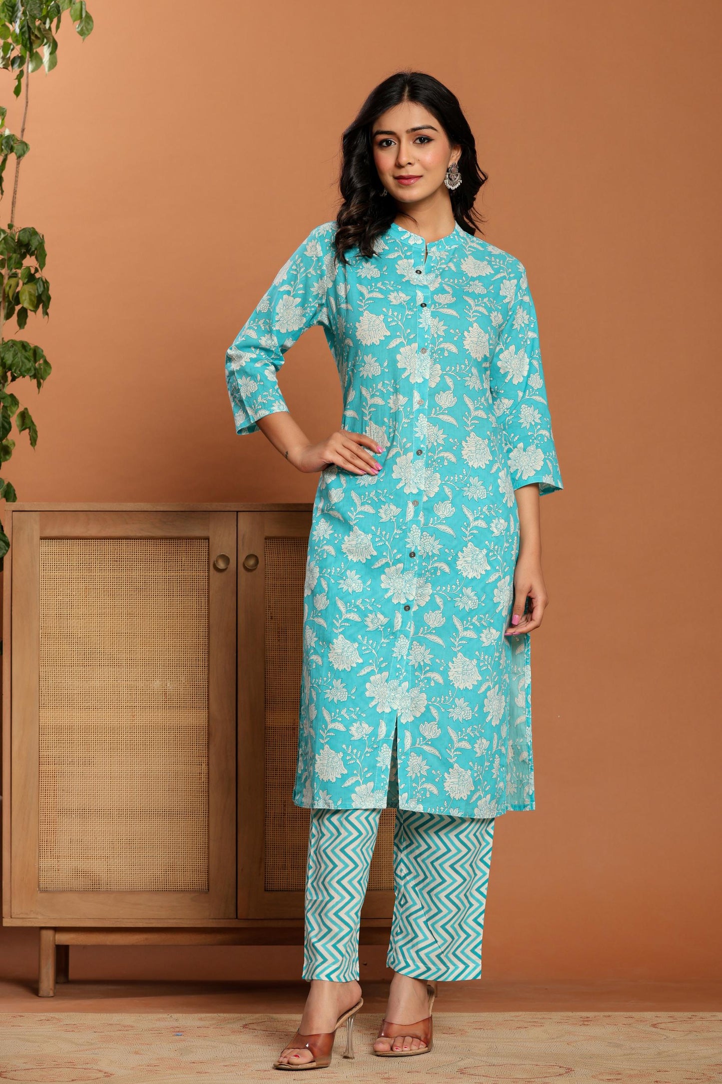 Blue Printed Cotton Kurta Set