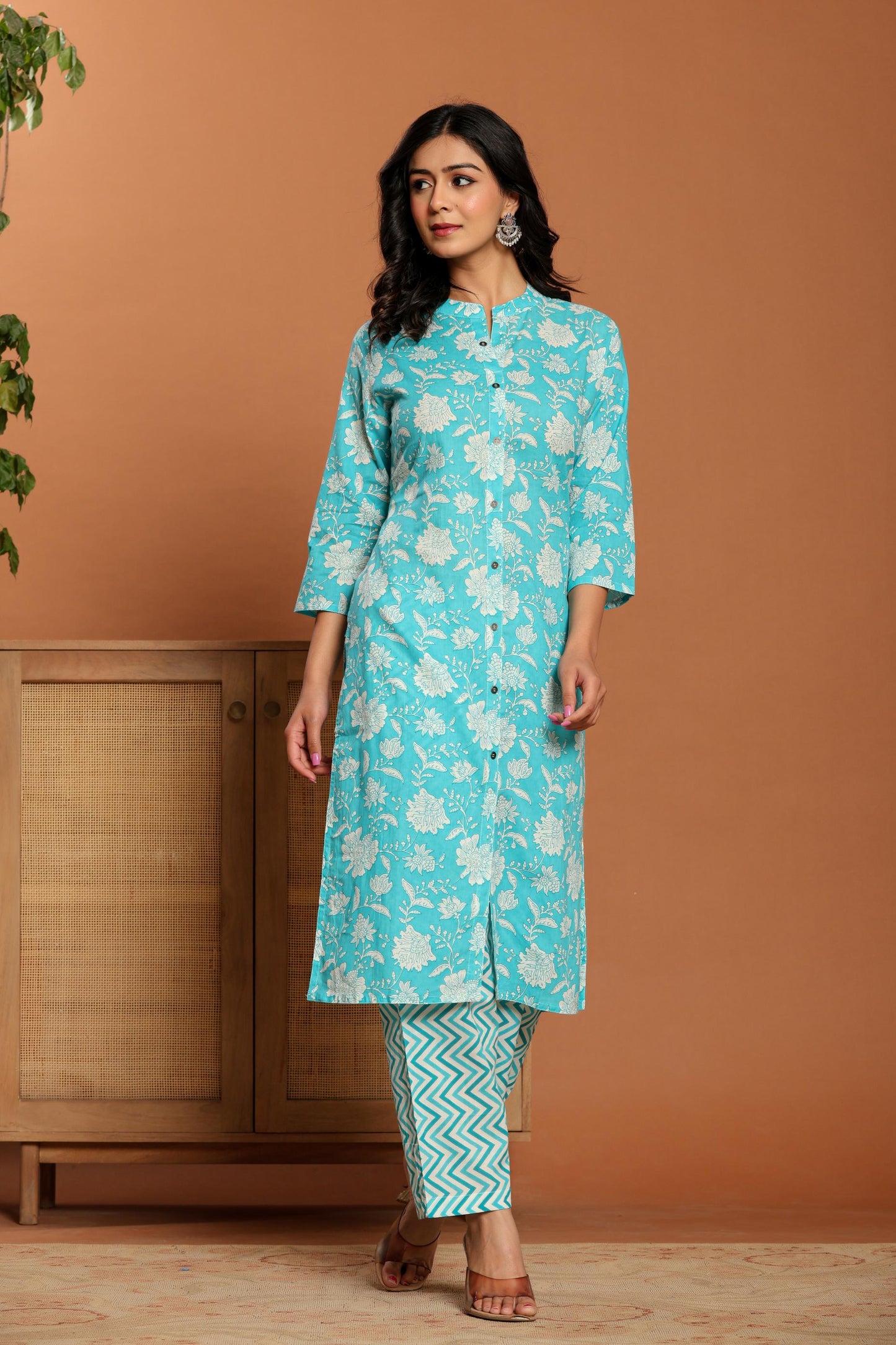 Blue Printed Cotton Kurta Set