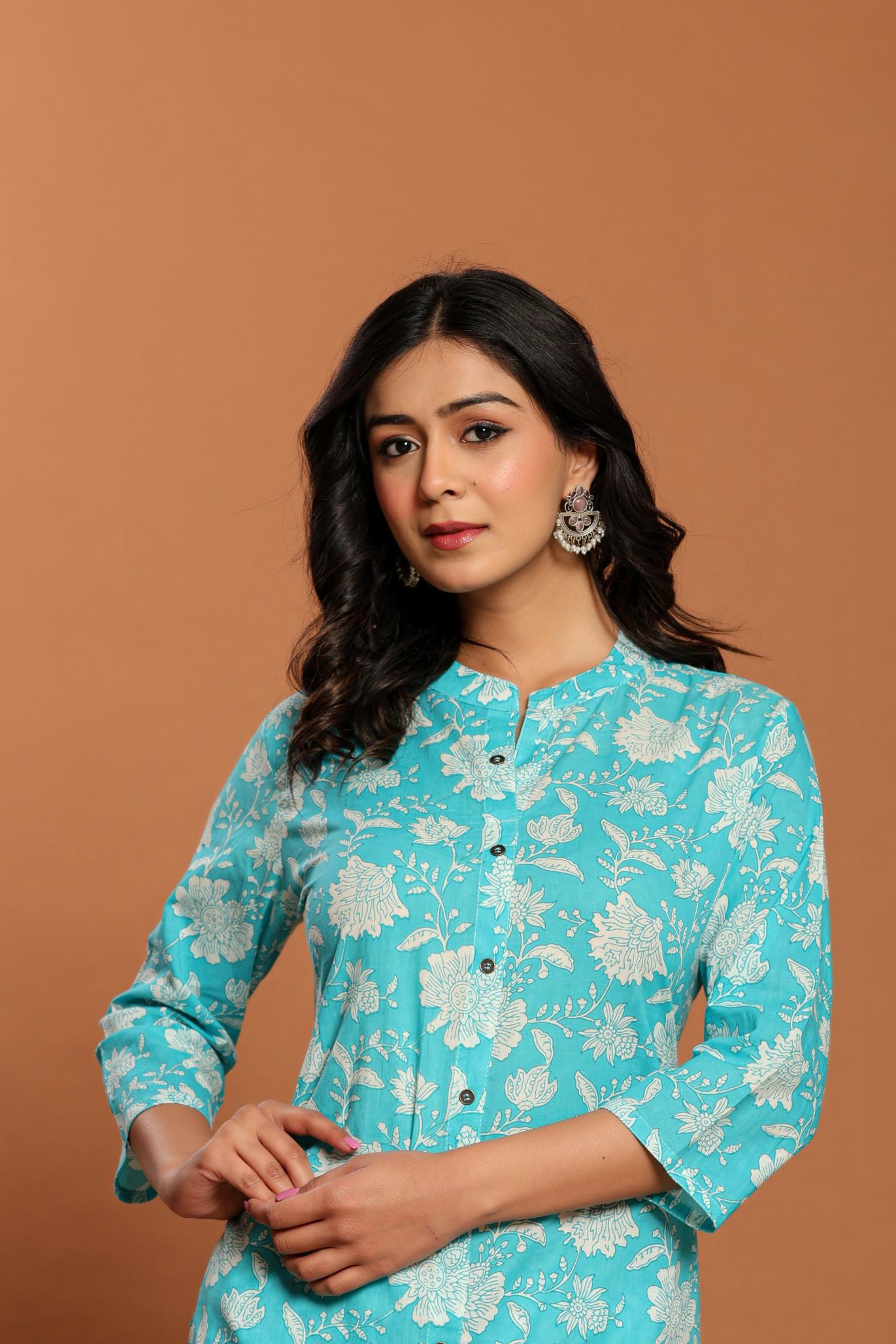 Blue Printed Cotton Kurta Set