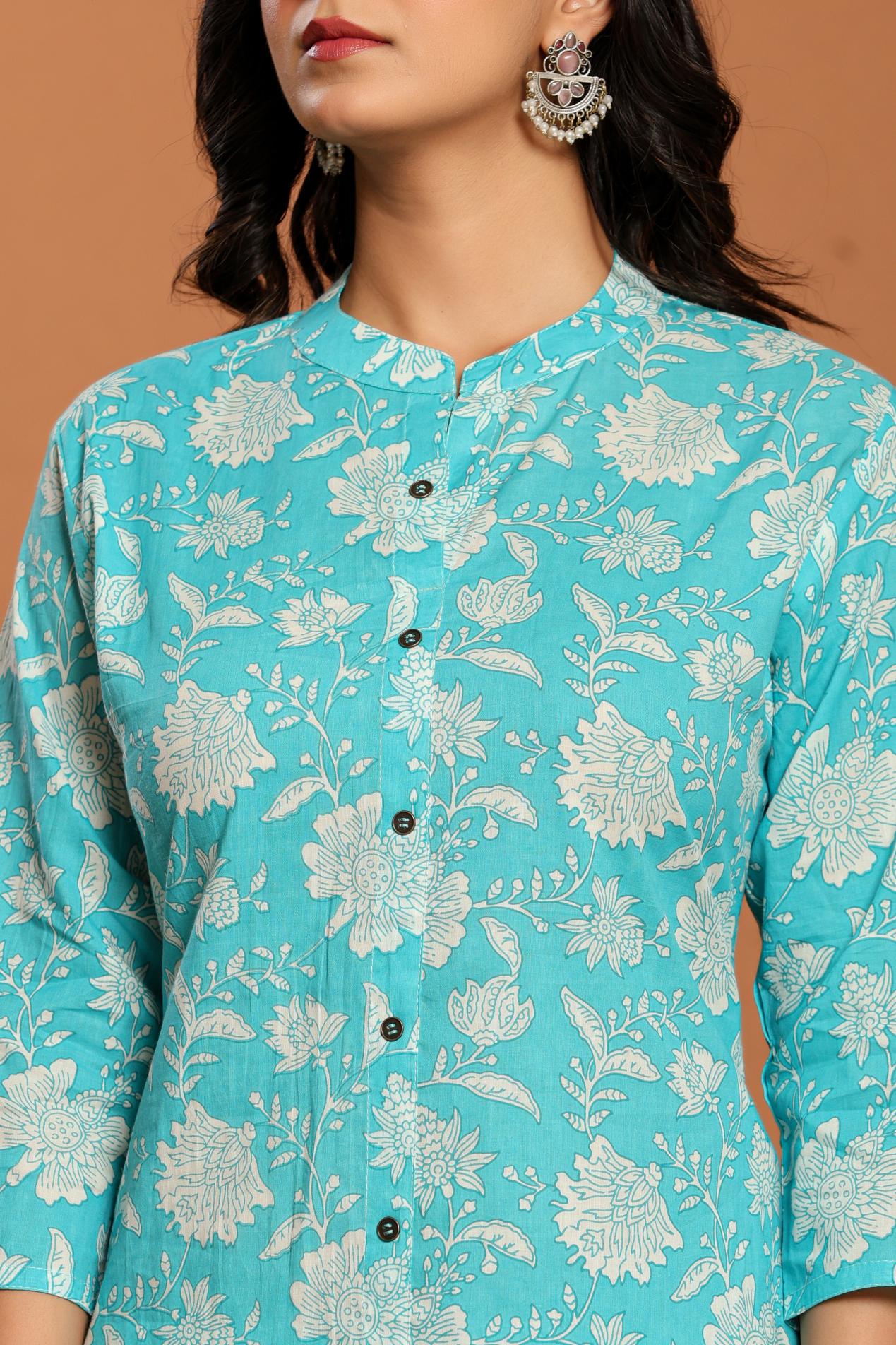 Blue Printed Cotton Kurta Set