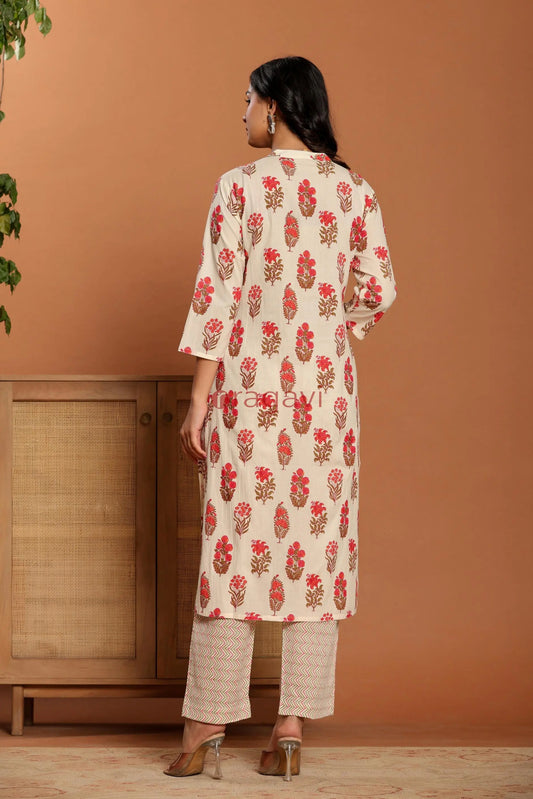 White Printed Cotton Kurta Set - Ragavi