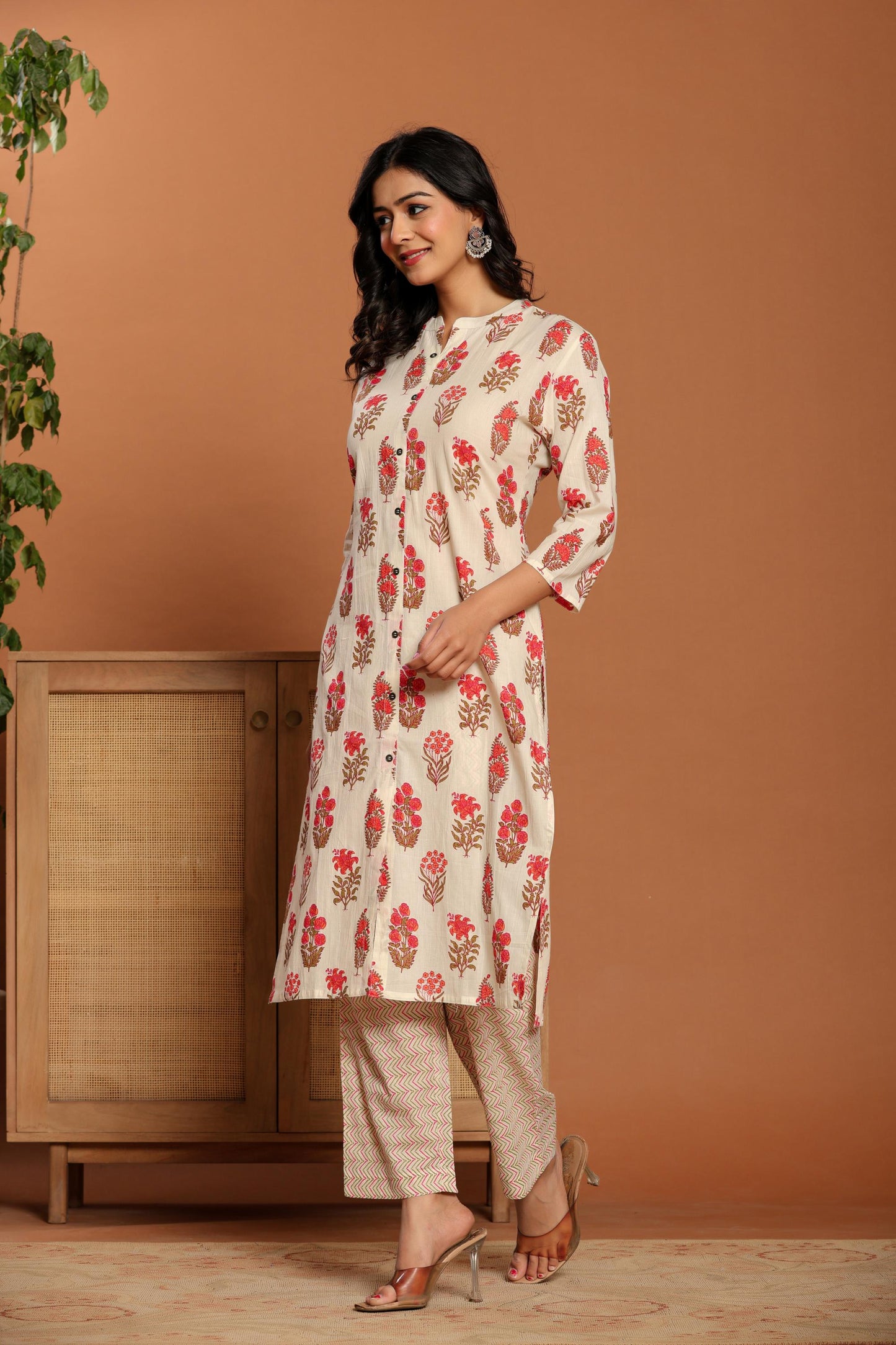 White Printed Cotton Kurta Set