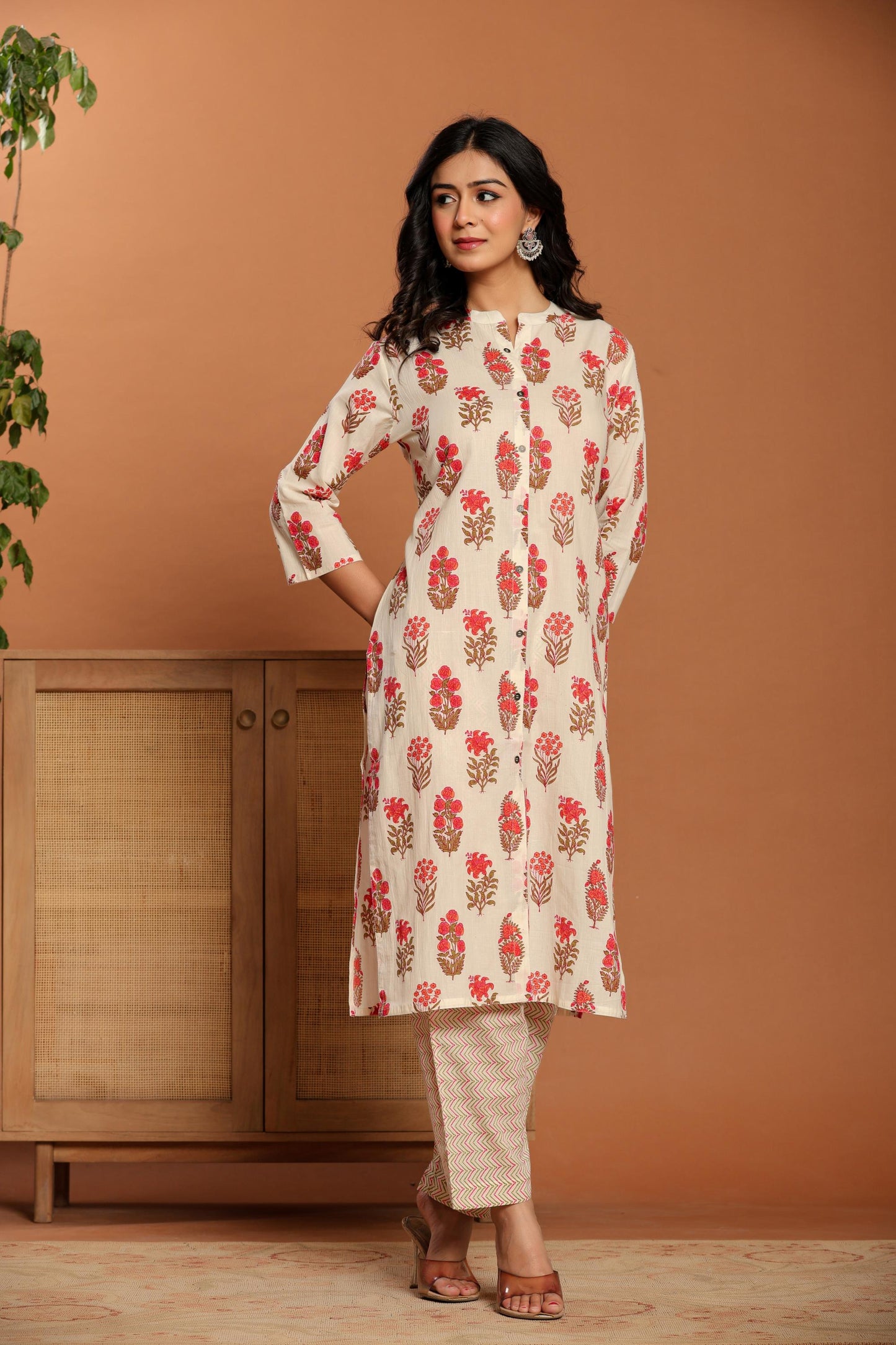 White Printed Cotton Kurta Set
