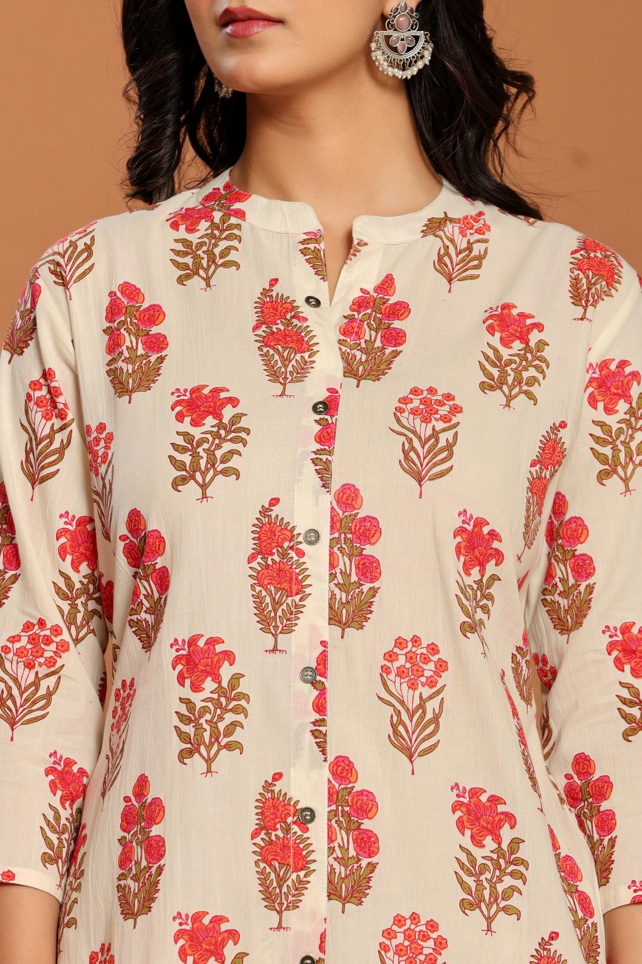 White Printed Cotton Kurta Set