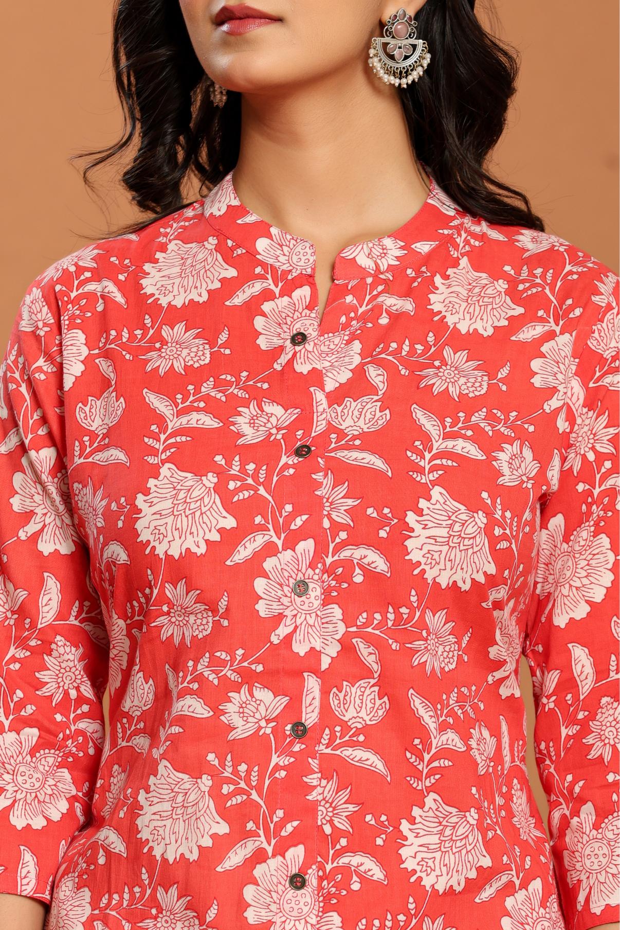Pink Printed Cotton Kurta Set